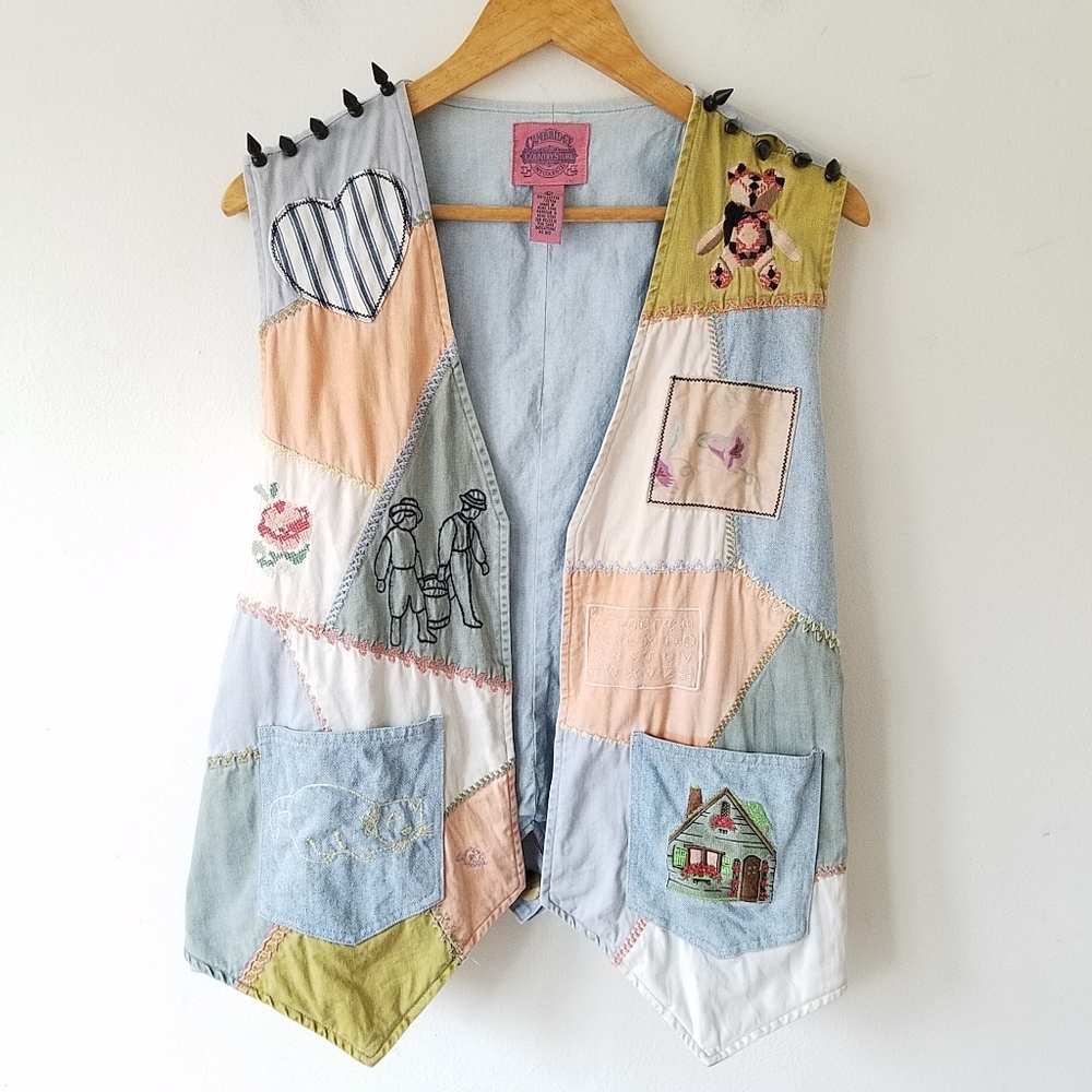 Vintage Cambridge Denim Embroidered Cat Patch Work Studded  Vest Jacket Large